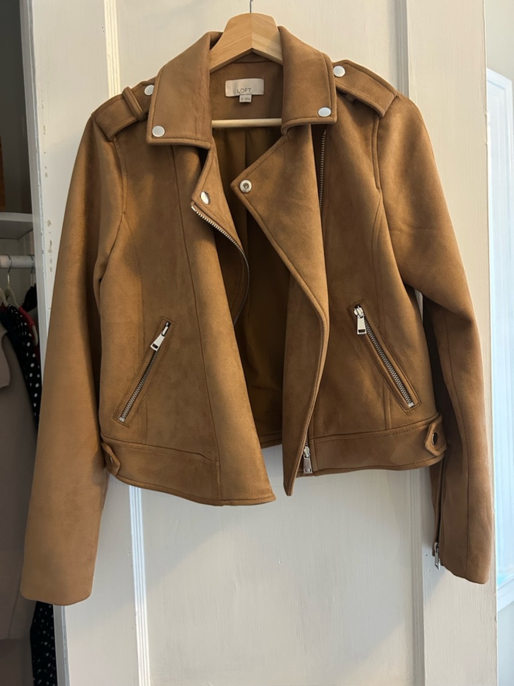 LOFT Camel/Tan Suede Moto Jacket with Silver Hardware